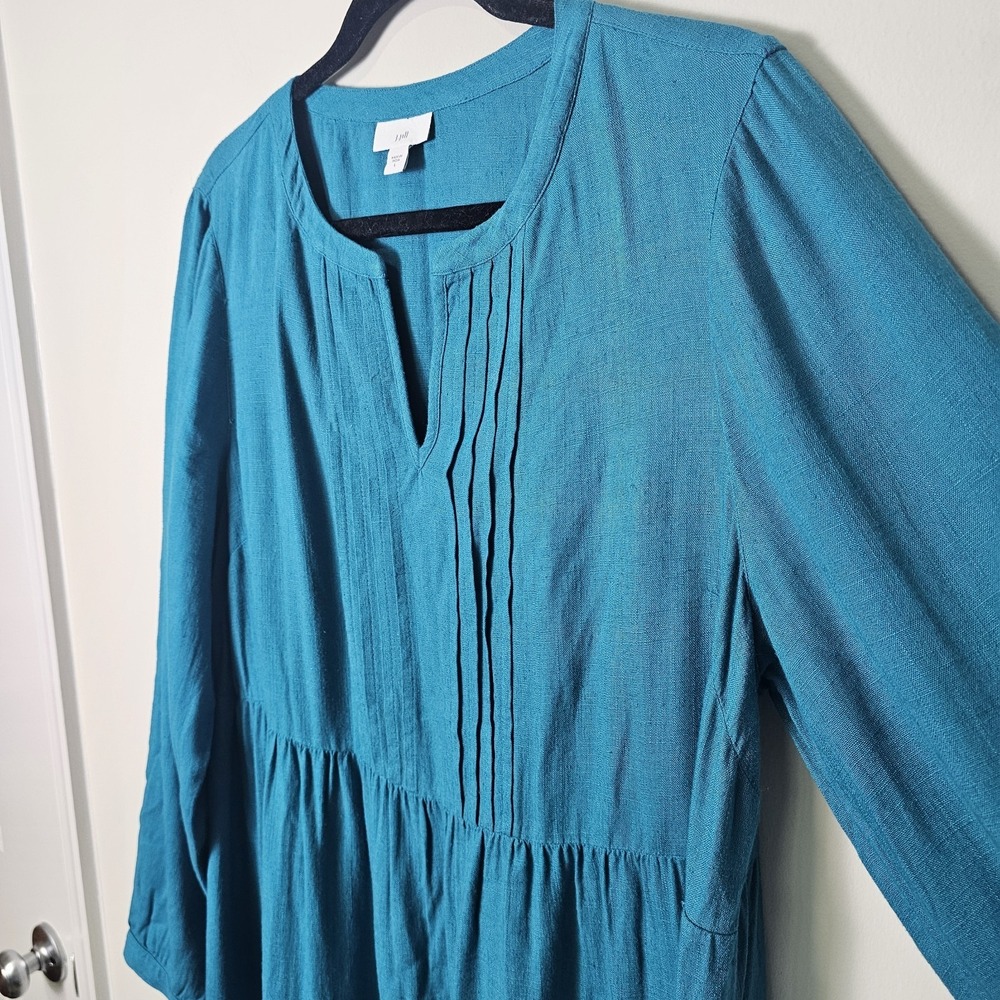 J. Jill Dress Large Teal Blue Linen Blend Tiered Pin Tuck Pleated Midi Boho - Picture 4 of 10
